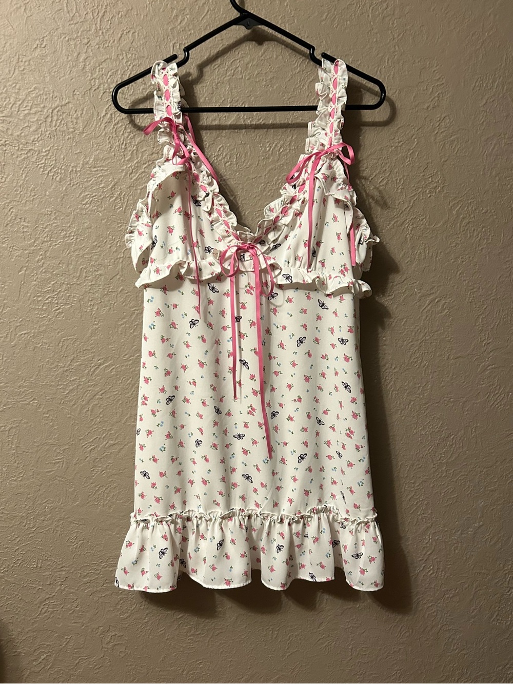 Betsey Johnson Cream Floral Ruffled Chemise with Pink Accents